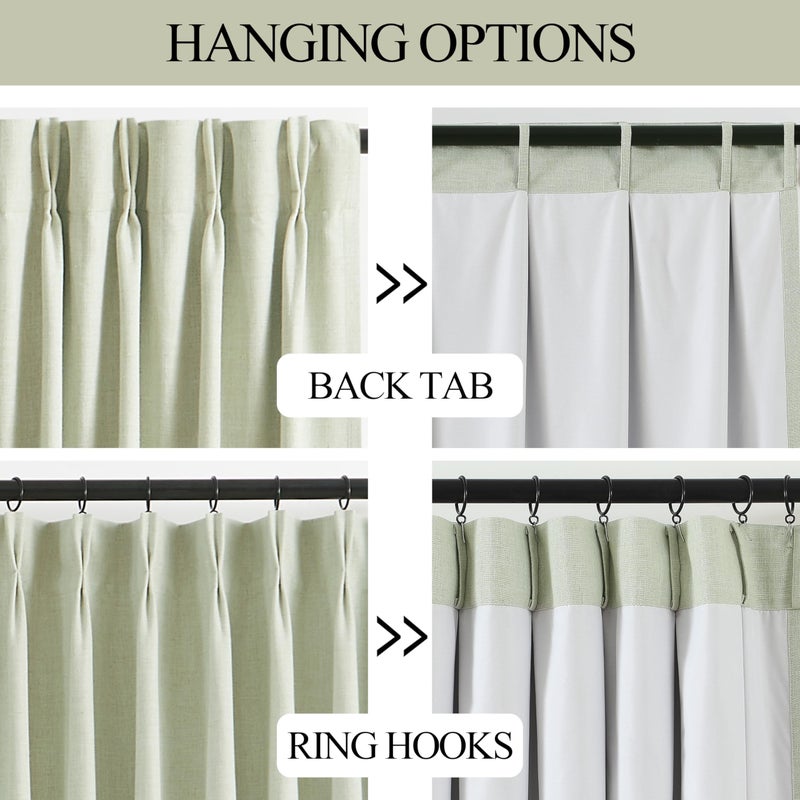Vision Home Soft Green Pinch Pleated Full Blackout Curtains Linen Blended Room Darkening Curtain Panels 108 inch for Living Room Bedroom Thermal Insulated Pinch Pleat Drapes with Hooks 40" Wx108 Lx2 - Image 5