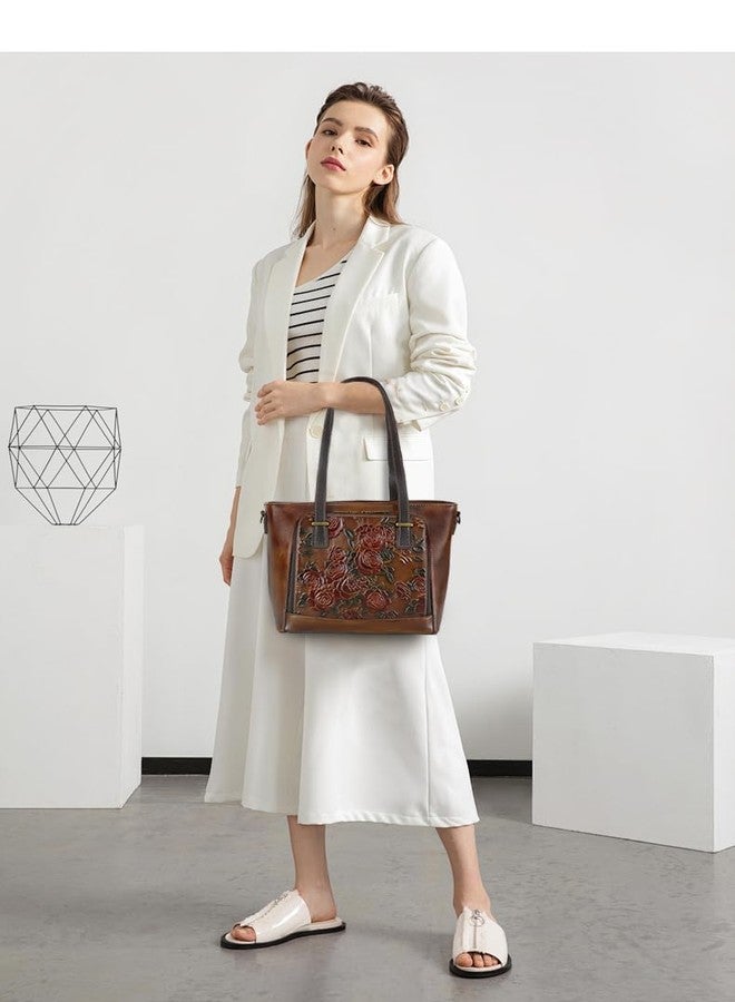 LETEULO Tote Bag for Women Leather Shoulder Bag Ladies Purses Vintage Satchels Handbag Retro Rose Embossing Coffee - Image 3
