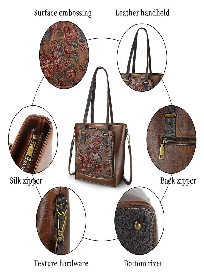 LETEULO Tote Bag for Women Leather Shoulder Bag Ladies Purses Vintage Satchels Handbag Retro Rose Embossing Coffee - Image 5