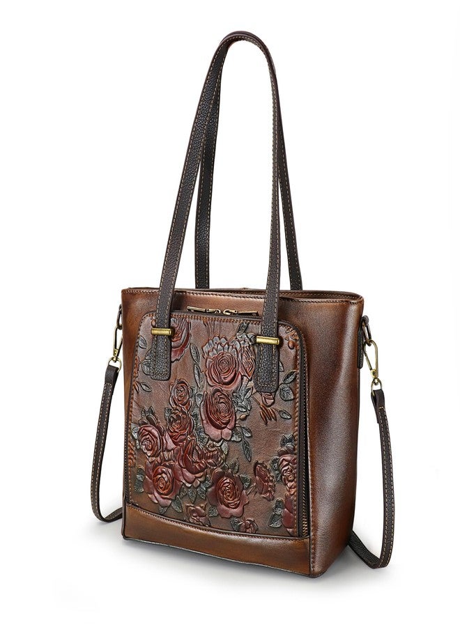 LETEULO Tote Bag for Women Leather Shoulder Bag Ladies Purses Vintage Satchels Handbag Retro Rose Embossing Coffee - Image 1