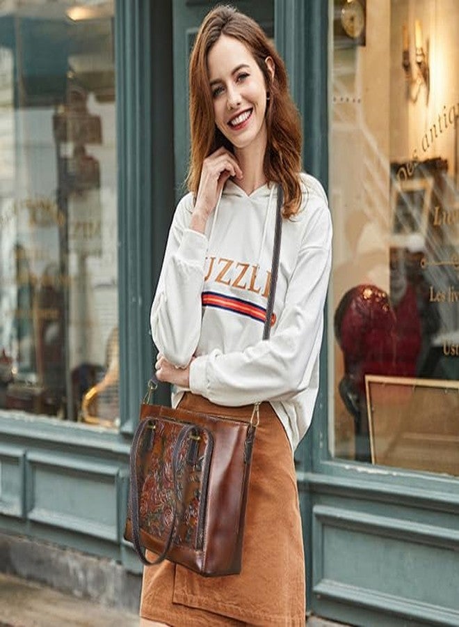 LETEULO Tote Bag for Women Leather Shoulder Bag Ladies Purses Vintage Satchels Handbag Retro Rose Embossing Coffee - Image 2