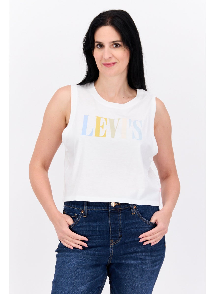 Levi's Women Round Neck Sleeveless Brand Logo Crop Tank Top, White Combo  - Image 1