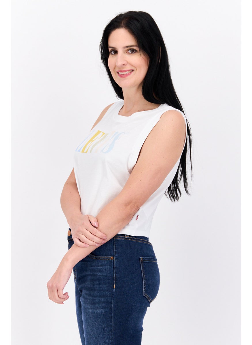 Levi's Women Round Neck Sleeveless Brand Logo Crop Tank Top, White Combo  - Image 2