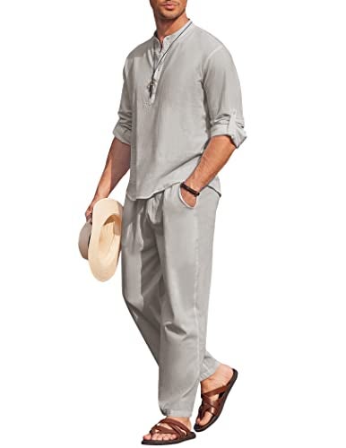 COOFANDY Mens 2 Pieces Cotton Linen Set Long Sleeve Henley Shirts Casual Beach Pants With Pockets Summer Yoga Outfits - Image 1