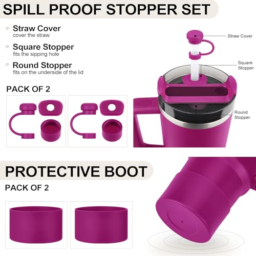 HYZ 8 Piece Accessories for Stanley Cup, Silicone Spill Proof Stopper Set and Protective Boot Including Straw Cover Cap for Stanley H2.0 20oz 30oz 40oz Tumbler, Fuchsia - Image 2
