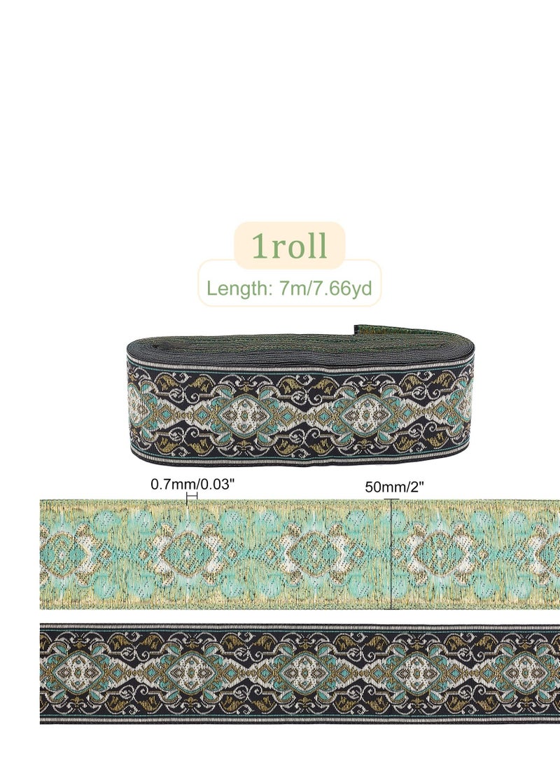 Diamond Flower Metallic Jacquard Ribbon, 2 Inch 7.7 Yard Geometric Black Green Polyester Boho Jacquard Ribbons, Tapestry Fringe Trim Embroidery, for DIY Clothes Pillow Straps, Cloth Home Decor - Image 2