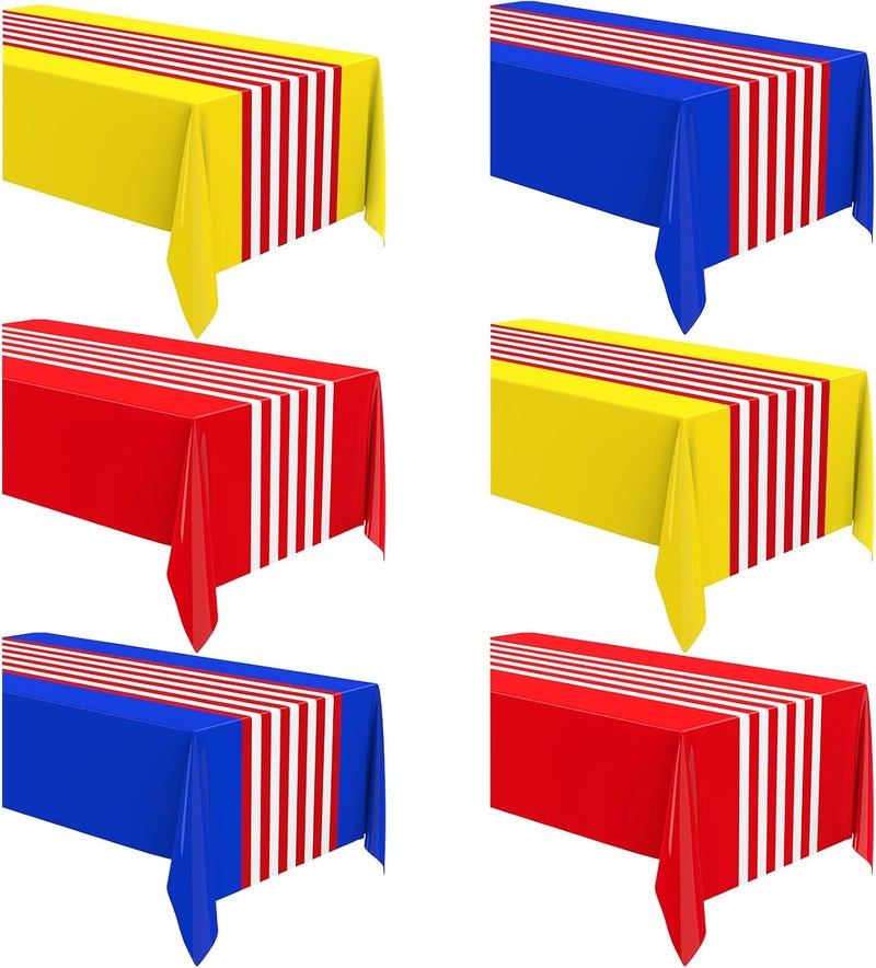 Oudain 6 Pcs Striped Tablecloth 108 x 54 Inch Rectangle Table Cover Disposable Plastic Table Cloth Waterproof Tablecloth Plastic Table Cover for Birthday Wedding Bridal (Red White Blue Yellow) - Image 1