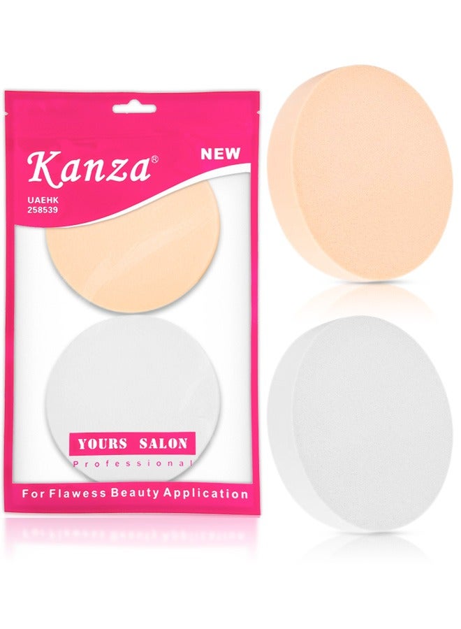 Kanza طقم إسفنجة مكياج كبيرة على شكل دائري مكون من 2 قطعة - بلندر تجميل - بوف تجميل للوجه - طقم بوف من الفيلور للبودرة الحرة - أداة تطبيق البودرة المعدنية - طقم أدوات مكياج (بيج وأبيض) - Image 1
