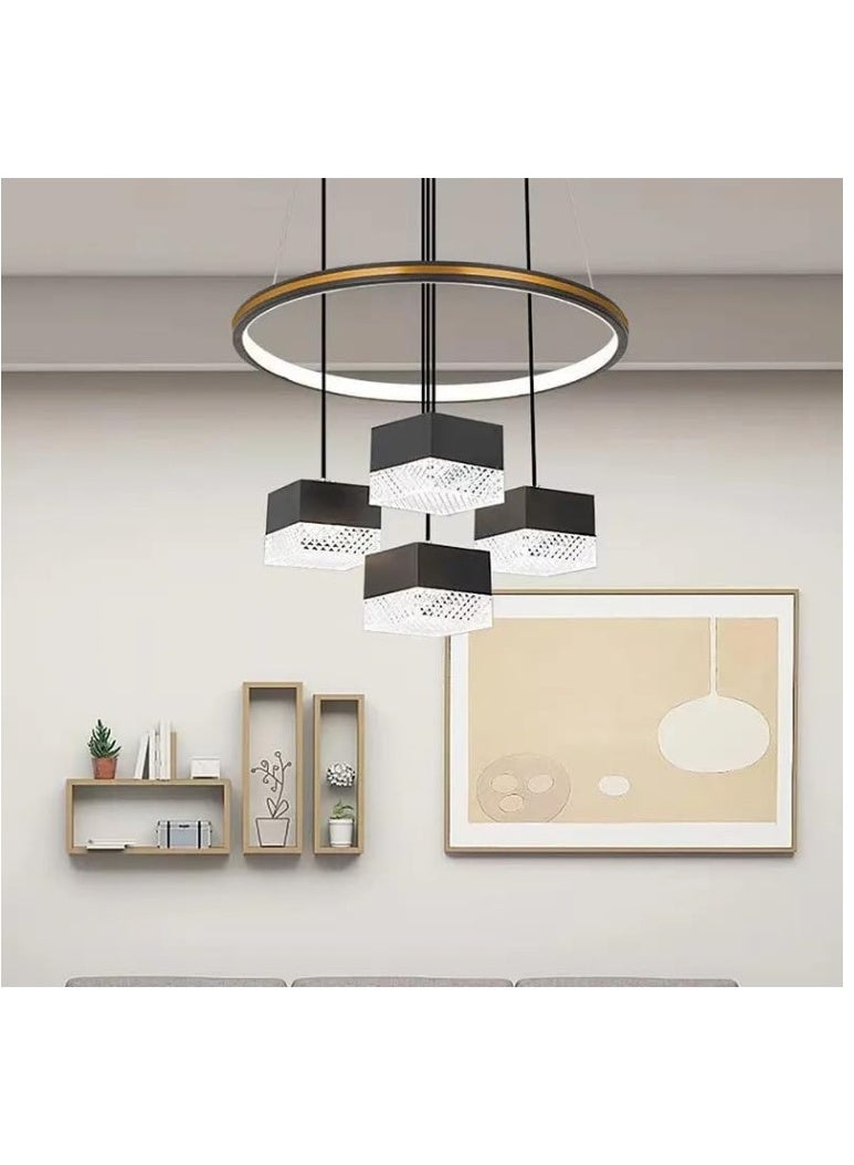 Modern LED Crystal Ring Pendant Ceiling Light | Elegant 4-Head Hanging Lamp with Circular Frame | Decorative Chandelier for Living Room, Dining Room, Bedroom & Office – Black & Transparent Design - Image 5