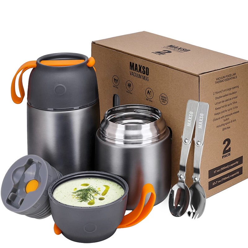 MAXSO 2 Pack Soup Thermo for Hot & Cold Food for Kids Adults  Vacuum Insulated Food Jar Thermal Lunch Containers  Travel Food Flask with Spoon (24oz 17oz) (Grey)