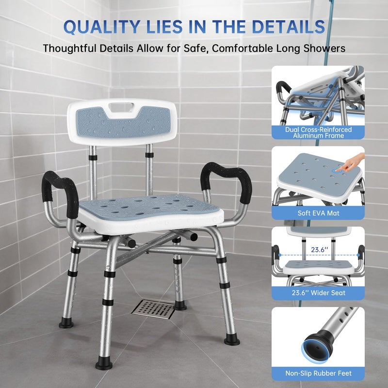 BRITULIF Adjustable Shower Chair with Arms & Back, Stable Heavy Duty 550lbs Safety Bathtub Seat with Non-Slip Feet, Rust-Resistant Aluminum Frame & Tool-Free Assembly for Elderly & Disabled - Image 4