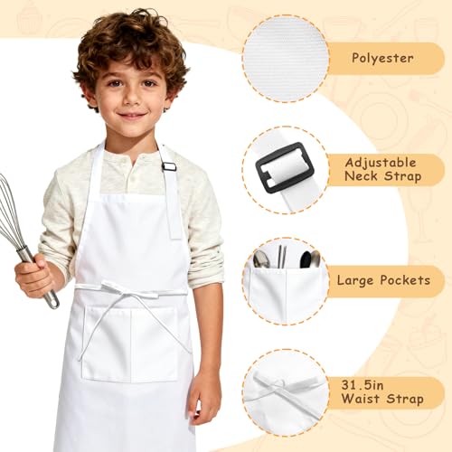 IAGBIBUI 12 Pack Kids Aprons Bulk with 2 Pockets Adjustable Chef Art Apron Kids Painting Aprons for Cooking Baking Crafting Grilling for Boys Girls Age 6-13 Years(White) - Image 3