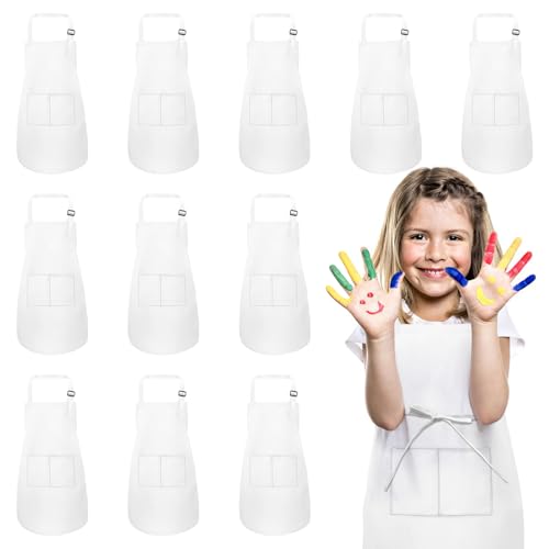 IAGBIBUI 12 Pack Kids Aprons Bulk with 2 Pockets Adjustable Chef Art Apron Kids Painting Aprons for Cooking Baking Crafting Grilling for Boys Girls Age 6-13 Years(White) - Image 1