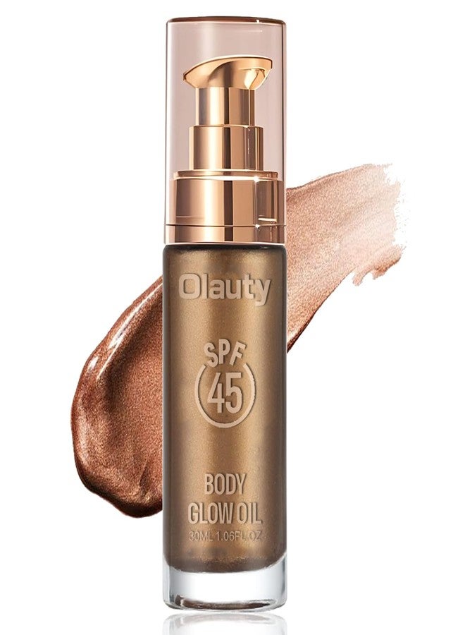 MinFei Shimmer Body Oil, SPF 45 Broad Spectrum,Sunscreen Shimmer Body Oil with Coconut Oils,Long Lasting Liquid Luminizer for Body & Face, Highlighter Illuminator body Makeup(Glistening Bronze, 30ML) - Image 1