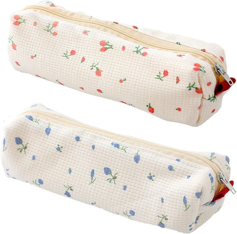 Floral Prints Small Pencil Bag - Cotton Zipper Pen Pouch (2 Pcs) - Image 1