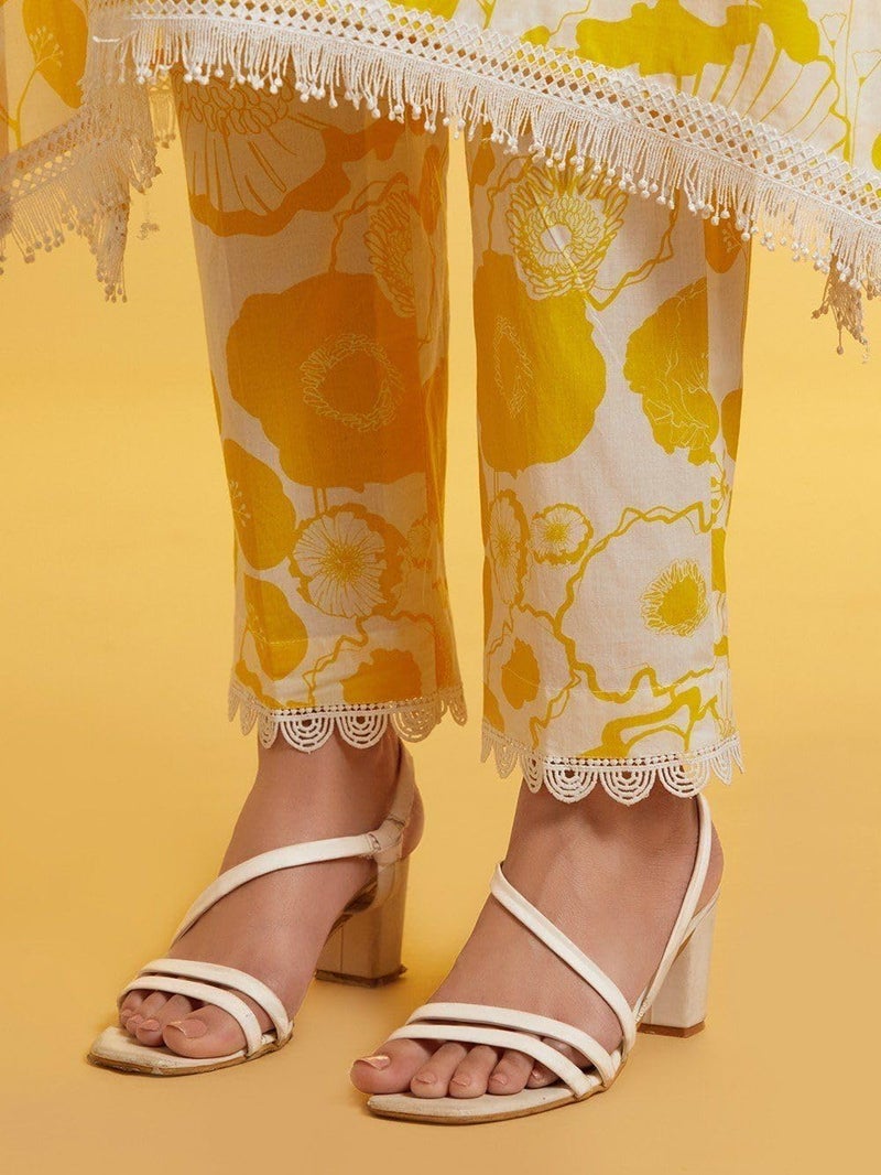 LookMark Women's Printed Cotton Blend Straight Kurta Pant Set with Lace - Comfortable Ethnic Wear for Women, Elegant Design, Suitable for Various Occasions (AZ-LM-OG-KS2118 Yellow-XL) - Image 2