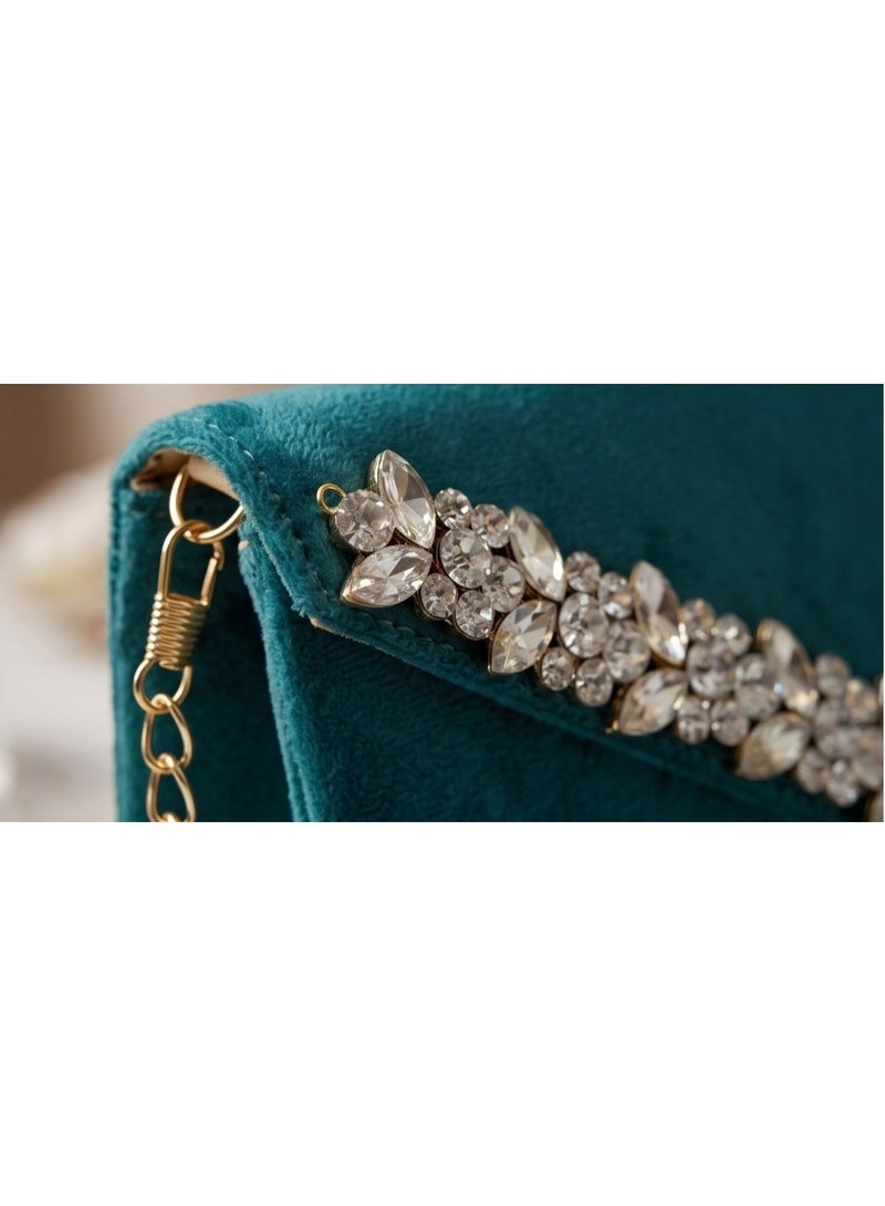 JOHN PAULS Teal Velvet Clutch for Women – Handmade Crystal Envelope Purse with Floral Rhinestone Trim, Removable Gold Chain Strap, Organized Snap Pocket Interior | Wedding, Cocktail Party & Date Night Crossbody Handbag, Gift for Women - Image 3