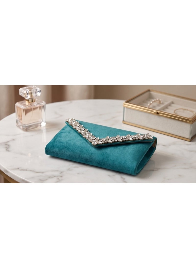 JOHN PAULS Teal Velvet Clutch for Women – Handmade Crystal Envelope Purse with Floral Rhinestone Trim, Removable Gold Chain Strap, Organized Snap Pocket Interior | Wedding, Cocktail Party & Date Night Crossbody Handbag, Gift for Women - Image 4