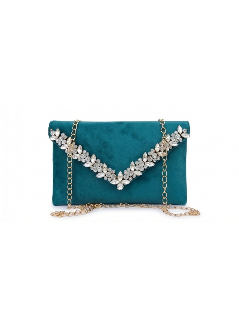 JOHN PAULS Teal Velvet Clutch for Women – Handmade Crystal Envelope Purse with Floral Rhinestone Trim, Removable Gold Chain Strap, Organized Snap Pocket Interior | Wedding, Cocktail Party & Date Night Crossbody Handbag, Gift for Women - Image 1