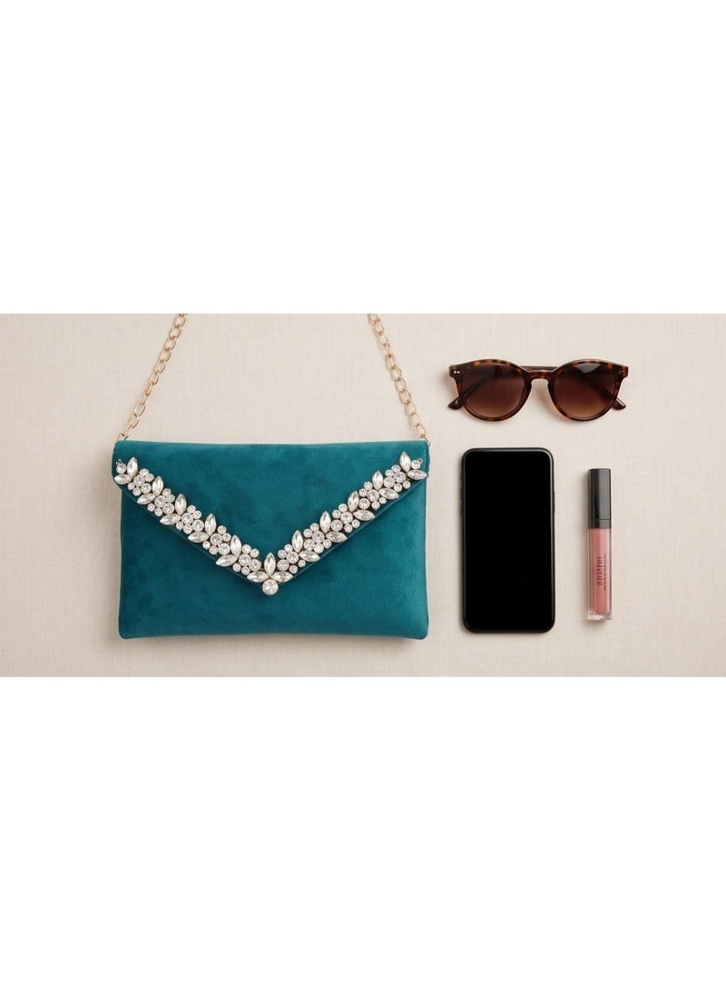 JOHN PAULS Teal Velvet Clutch for Women – Handmade Crystal Envelope Purse with Floral Rhinestone Trim, Removable Gold Chain Strap, Organized Snap Pocket Interior | Wedding, Cocktail Party & Date Night Crossbody Handbag, Gift for Women - Image 2
