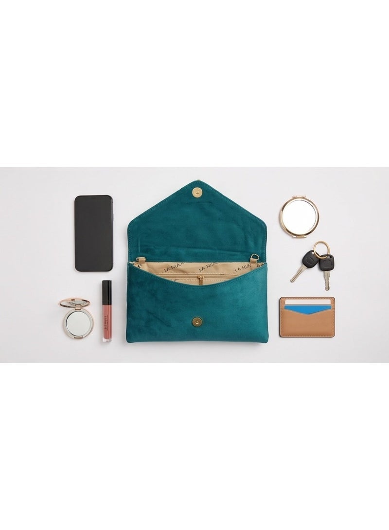 JOHN PAULS Teal Velvet Clutch for Women – Handmade Crystal Envelope Purse with Floral Rhinestone Trim, Removable Gold Chain Strap, Organized Snap Pocket Interior | Wedding, Cocktail Party & Date Night Crossbody Handbag, Gift for Women - Image 5