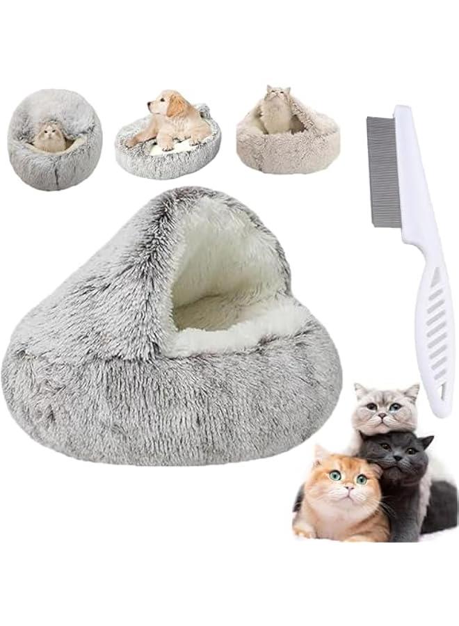 سرير كوزي كوكون للكلاب - سرير فاخر للكلاب الشتوي بتصميم مغطى، بألوان رمادي وبلش. - Image 1