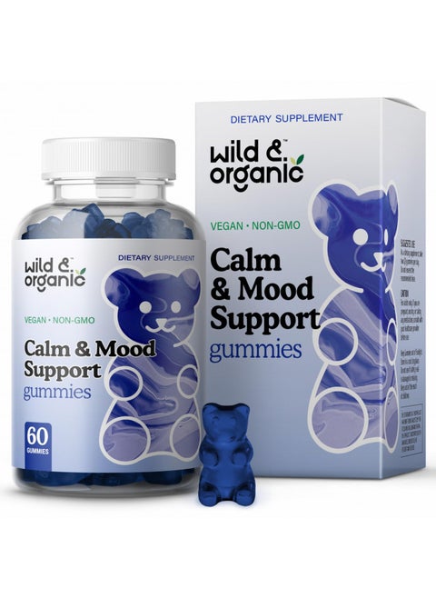 Wild & Organic Calm & Mood Support Gummies - Herbal Supplement with Magnesium, L-Theanine, Ashwagandha, Lemon Balm & Bacopa - Support Calmness, Alertness, Stress Relief - Vegan, Non-GMO - 60 Chews