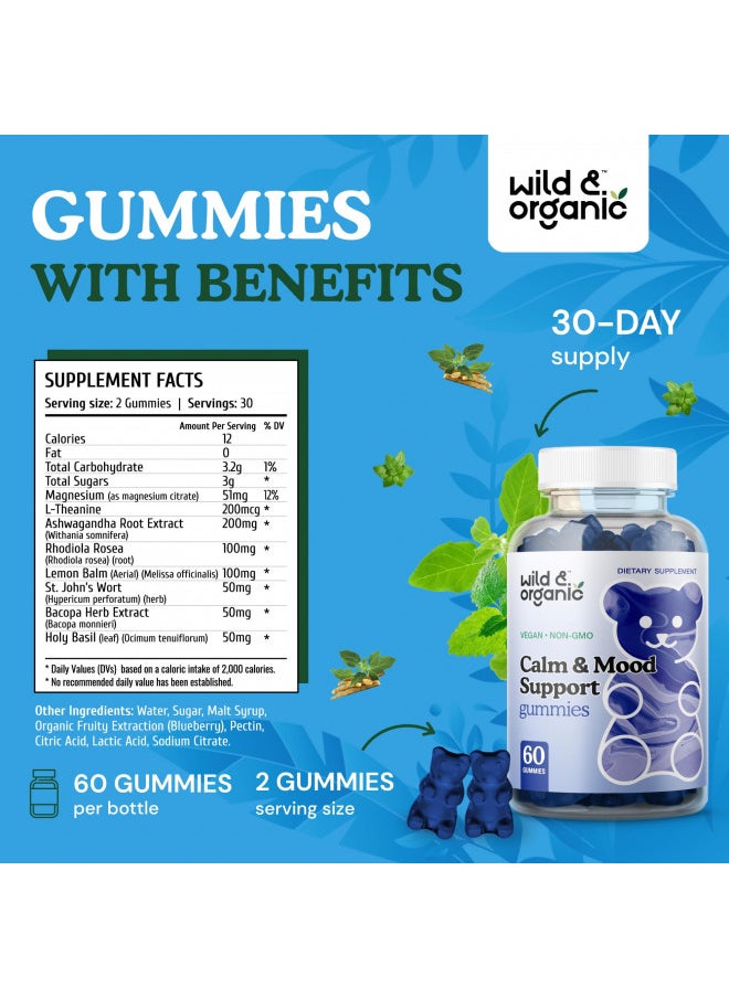 Wild & Organic - Wild & Organic Calm & Mood Support Gummies - Herbal Supplement with Magnesium, L-Theanine, Ashwagandha, Lemon Balm & Bacopa - Support Calmness, Alertness, Stress Relief - Vegan, Non-GMO - 60 Chews - Image 1