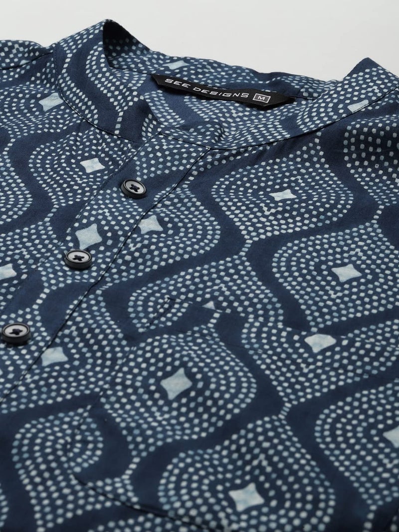See Designs Cotton Printed Regular Fit Mens Kurta (SDKT1039L_Blue_L) - Image 4