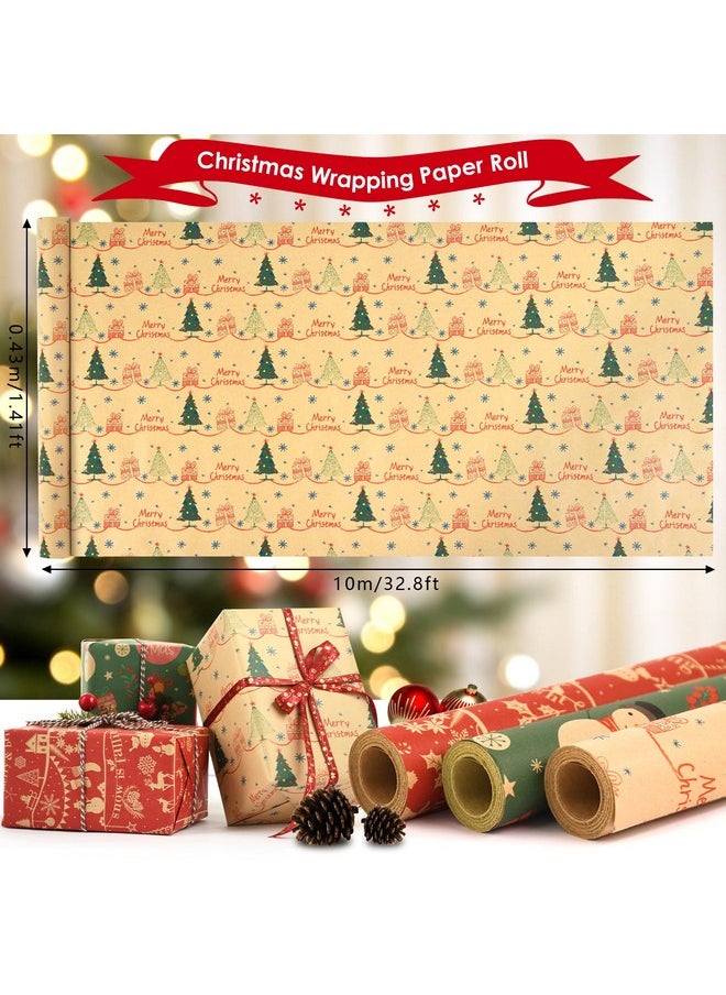 AhfuLife - 3 Rolls Christmas Wrapping Paper - 17 Inch × 32.8 Feet Per Roll - Recyclable Kraft Xmas Wrapping Paper Roll, Red Green Snowman Design For Kids Christmas Gift Box Birthday Party Decoration - Image 1