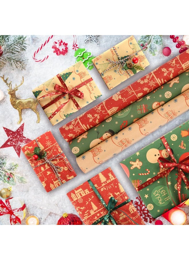 AhfuLife - 3 Rolls Christmas Wrapping Paper - 17 Inch × 32.8 Feet Per Roll - Recyclable Kraft Xmas Wrapping Paper Roll, Red Green Snowman Design For Kids Christmas Gift Box Birthday Party Decoration - Image 1