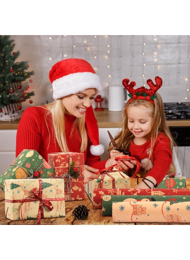 AhfuLife - 3 Rolls Christmas Wrapping Paper - 17 Inch × 32.8 Feet Per Roll - Recyclable Kraft Xmas Wrapping Paper Roll, Red Green Snowman Design For Kids Christmas Gift Box Birthday Party Decoration - Image 1