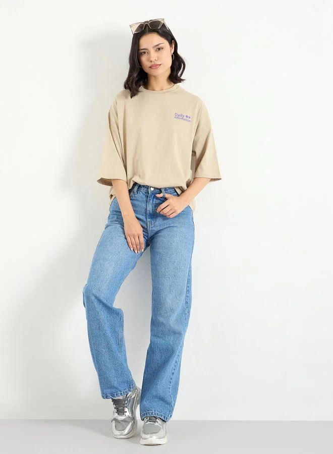 Styli Styli Beige Dropped Shoulder Oversized T-Shirt