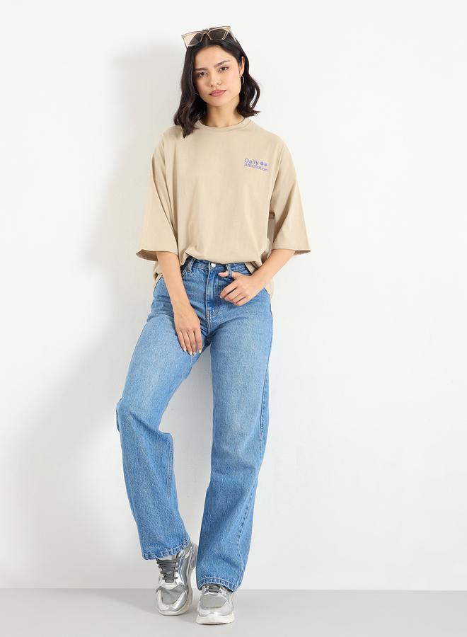 Styli Beige Dropped Shoulder Oversized T-Shirt - Image 2
