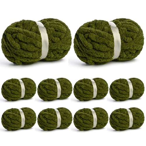 Waikxin 10 Pack of Jumbo Chunky Yarn for Hand Knitting,10# Super Bulky-Fluffy Chenille Yarn, 220 yds/70.5 oz Soft Thick Yarn for Crocheting Chunky Knit Throw Blankets.(Olive Green) - Image 1