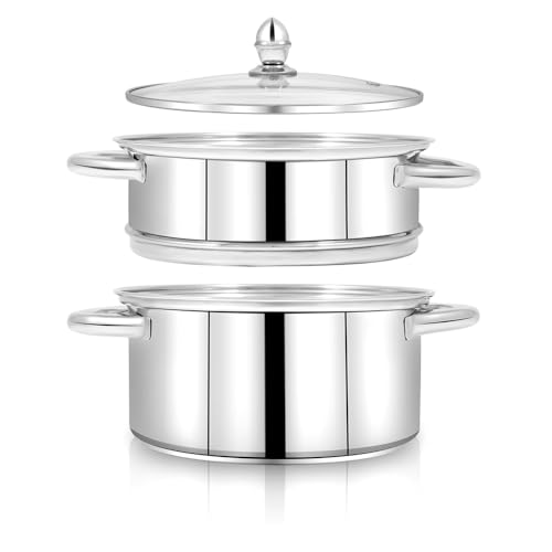 Pigeon Elantra Stainless Steel 2 Tier Steamer Pot Set with Glass Lid | Pasta,Momo/Modak Maker,Vegetable & Rice Steamer (20cm)|Capsulated Induction Bottom|ISI Certified - Image 2