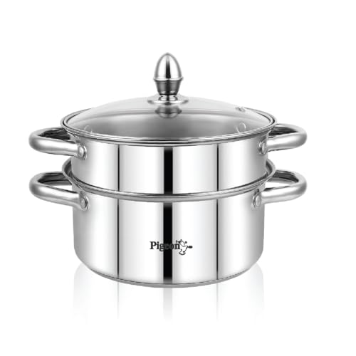 Pigeon Elantra Stainless Steel 2 Tier Steamer Pot Set with Glass Lid | Pasta,Momo/Modak Maker,Vegetable & Rice Steamer (20cm)|Capsulated Induction Bottom|ISI Certified - Image 1