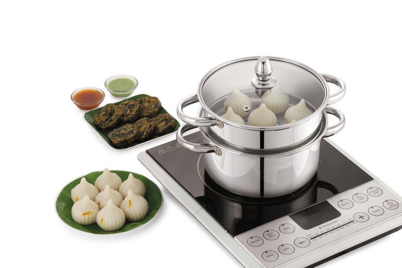 Pigeon Elantra Stainless Steel 2 Tier Steamer Pot Set with Glass Lid | Pasta,Momo/Modak Maker,Vegetable & Rice Steamer (20cm)|Capsulated Induction Bottom|ISI Certified - Image 4
