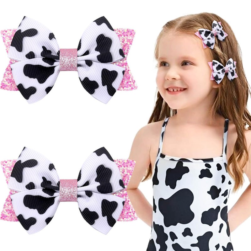NCMAMA 2PCS Cute Moo Cow Print Hair Bows  Pink Grosgrain Ribbon Alligator Clips for Girls Women Toddlers Infants and Kids Birthday Party Decor Type A