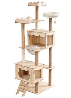 Modern Cat Tree for Large Cat, Wood Cat Tower Heavy Duty with Scratch Post for Indoor Big Cats, 178CM Extra Tall Cat Condo Sturdy Frisco Castle with Clear Bowl for Kittens Maine 10KGs