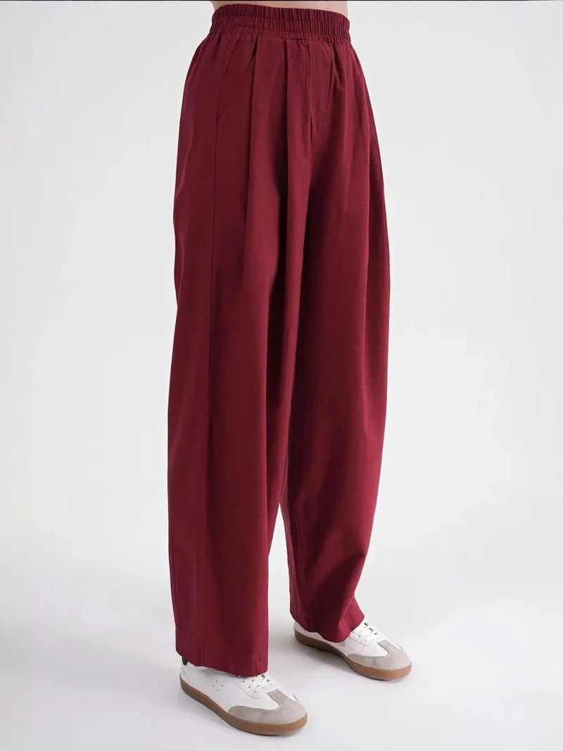 MixRay Burgundy Red Mixray Straight Fit Linen Pants for Women | Best Price UAE