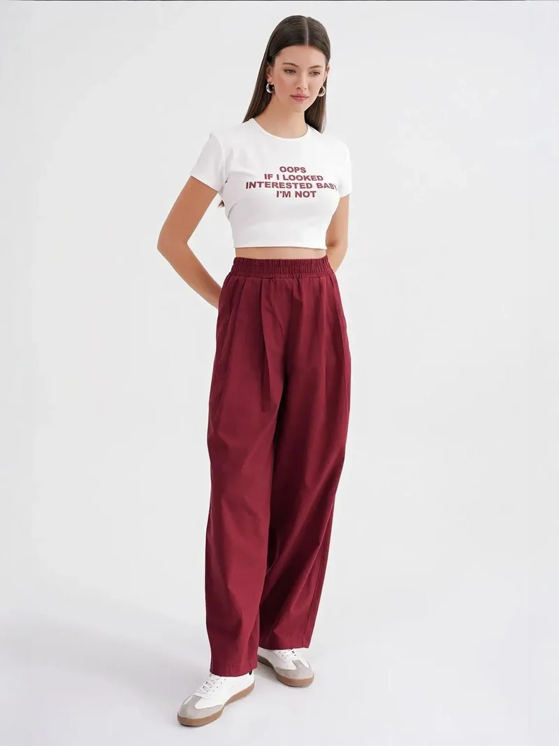 MixRay Burgundy Red Mixray Straight Fit Linen Pants for Women | Best Price UAE