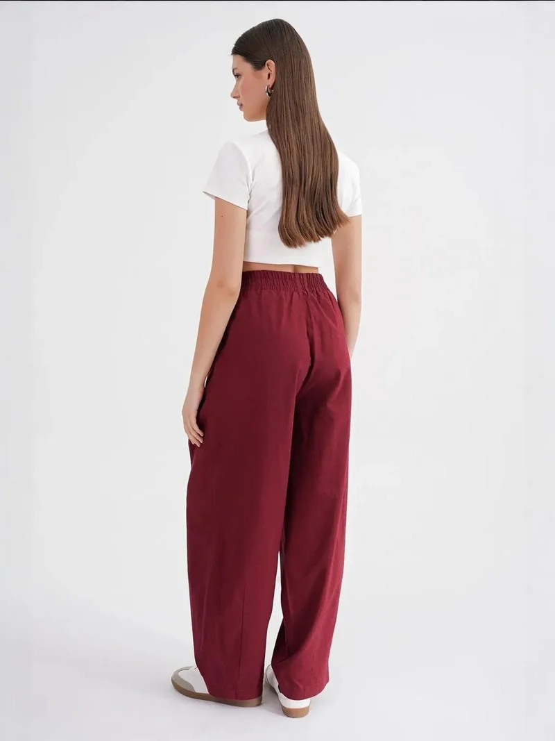 MixRay Burgundy Red Mixray Straight Fit Linen Pants for Women | Best Price UAE