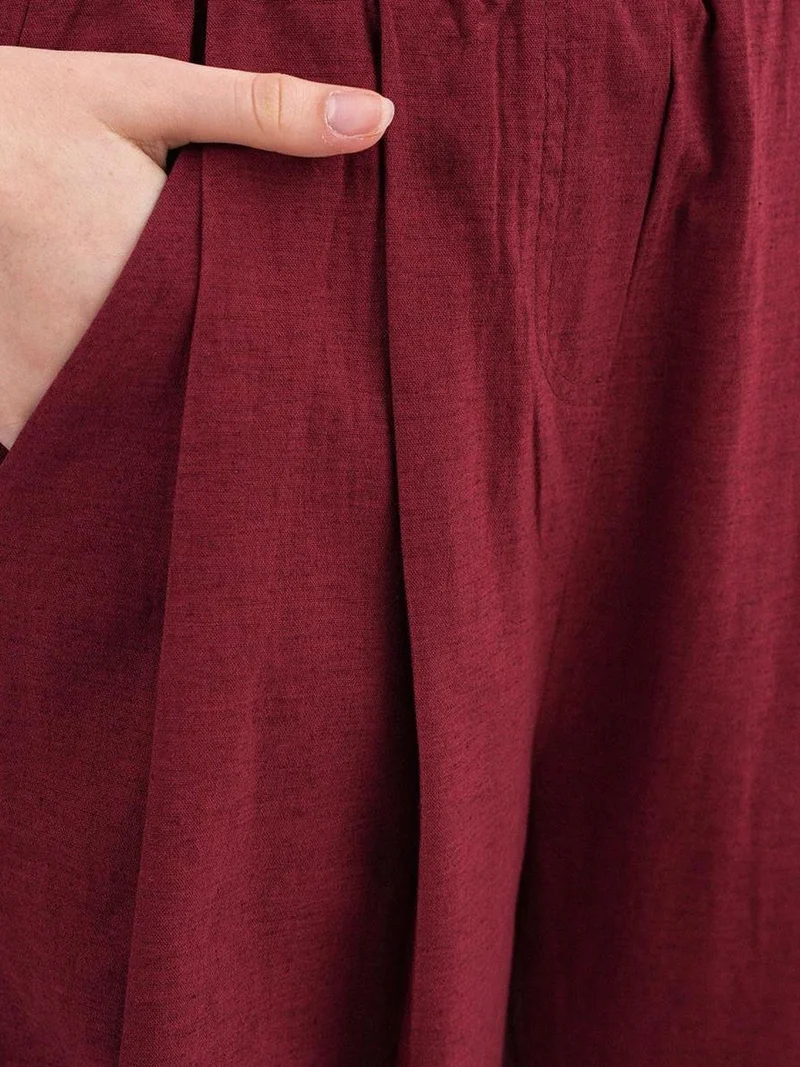 MixRay Burgundy Red Mixray Straight Fit Linen Pants for Women | Best Price UAE