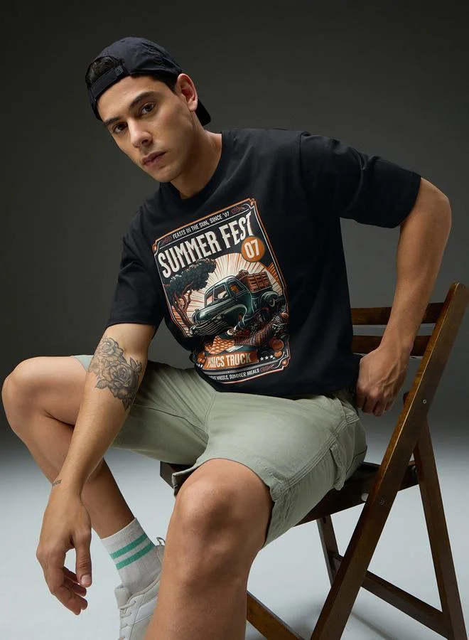 Dillinger Men Round Neck Printed Oversized T-Shirt