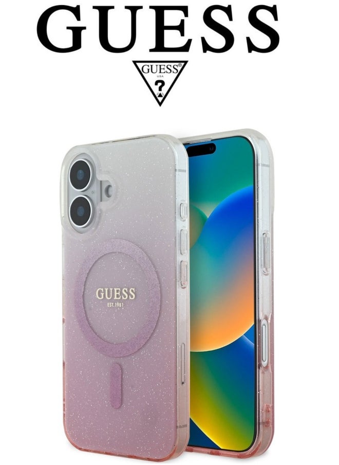 GUESS iPhone 16 Case, phone case supports magsafe and wireless charging, iphone case with elegant gradient Pink design with original logo and design approved by the global brand GUESS  - Image 1