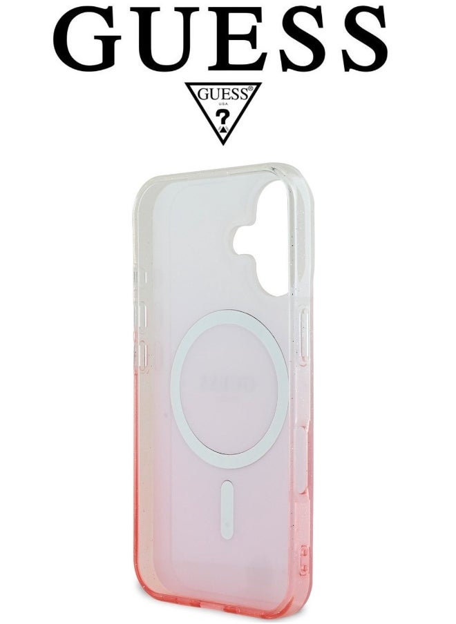 GUESS iPhone 16 Case, phone case supports magsafe and wireless charging, iphone case with elegant gradient Pink design with original logo and design approved by the global brand GUESS  - Image 5