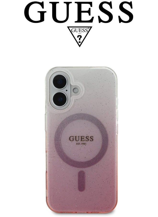 GUESS iPhone 16 Case, phone case supports magsafe and wireless charging, iphone case with elegant gradient Pink design with original logo and design approved by the global brand GUESS  - Image 3