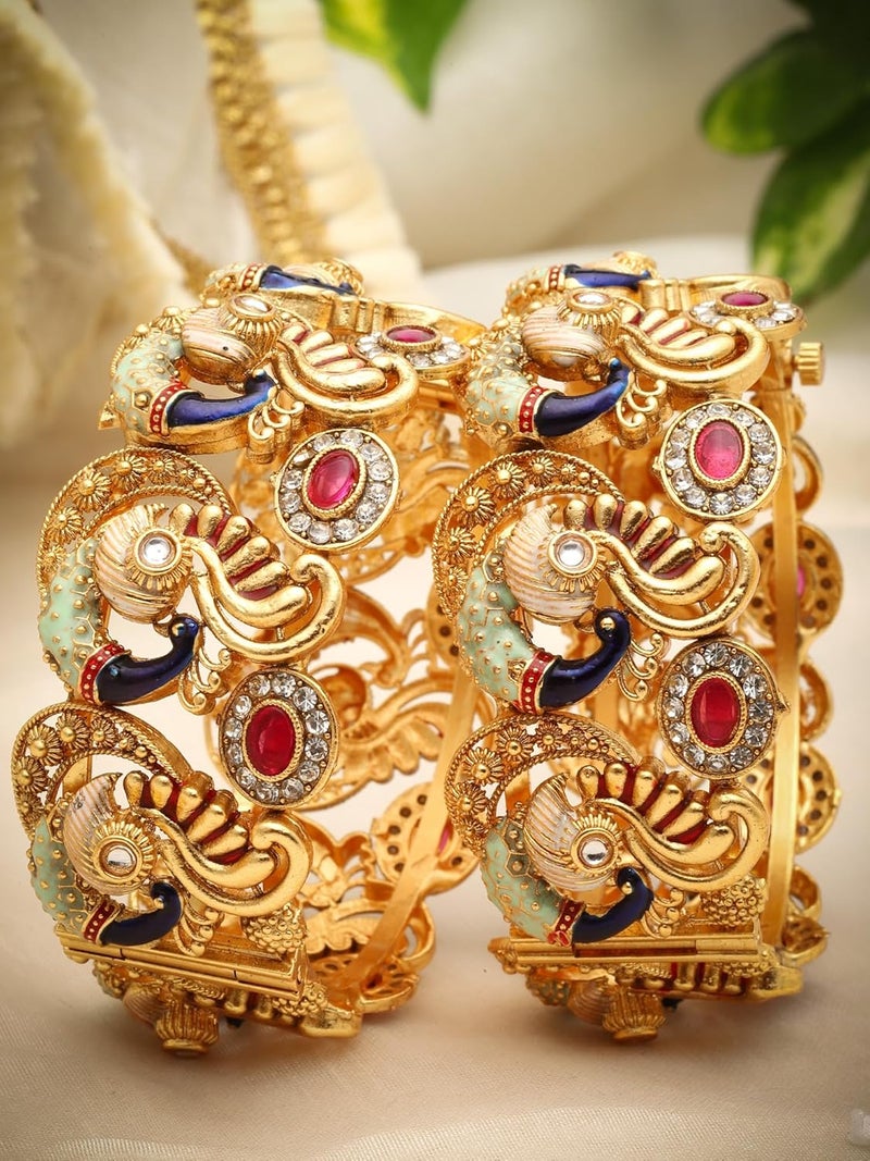 Shining Diva Fashion أساور مجوهرات طاووس مطلية بالذهب عيار 18 للنساء | مجموعة من 2 أساور | أساور كادا تقليدية أنيقة وحديثة | مثل مجوهرات الذهب الحقيقي - Image 3