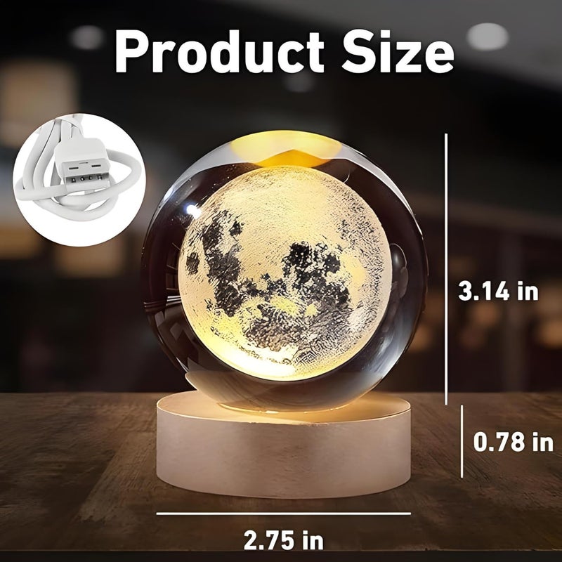 One94Store مصباح القمر الكريستالي ثلاثي الأبعاد من One94Store، كرة كريستالية منقوشة، ضوء ليلي USB LED، مصباح كريستالي خشبي لتزيين المنزل والمكتب، هدية عيد ميلاد للبالغين، ضوء أبيض دافئ - Image 3
